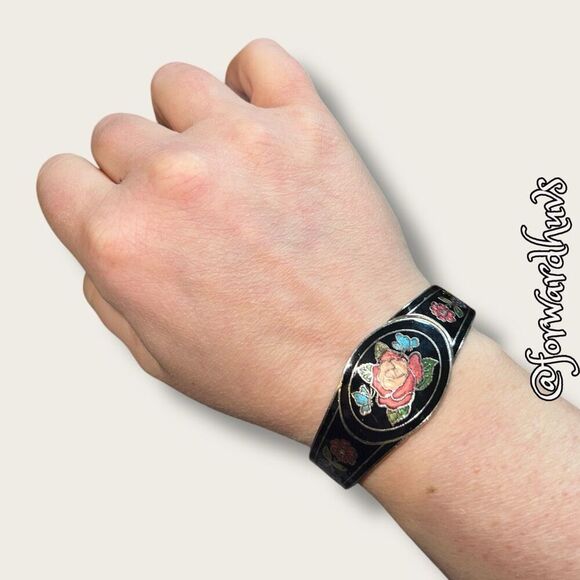 Vintage Cloisonné Clamper Flower & Butterfly Enamel Bracelet - Picture 1 of 9